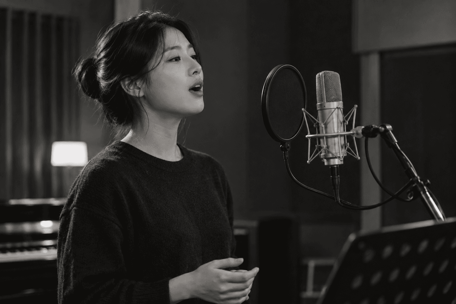 마이크 앞에 편안하게 서서 노래하는 보컬리스트