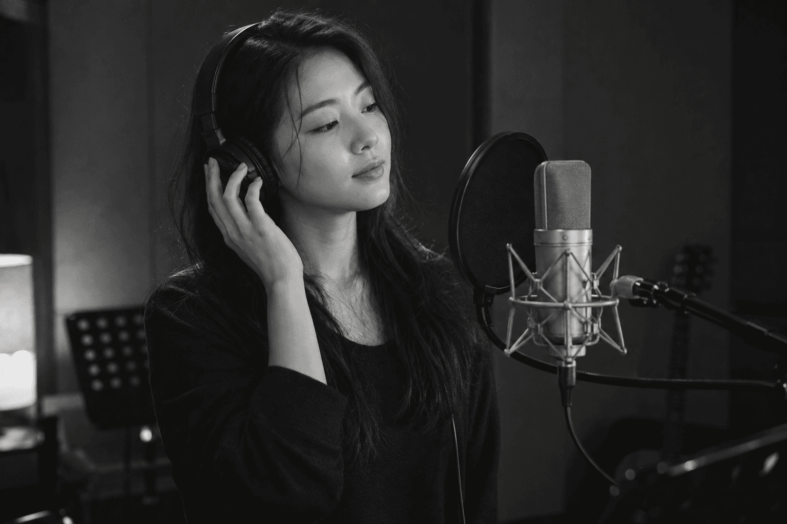 헤드폰에 손을 대고 입을 다문 채 허밍을 연습하는 보컬리스트
