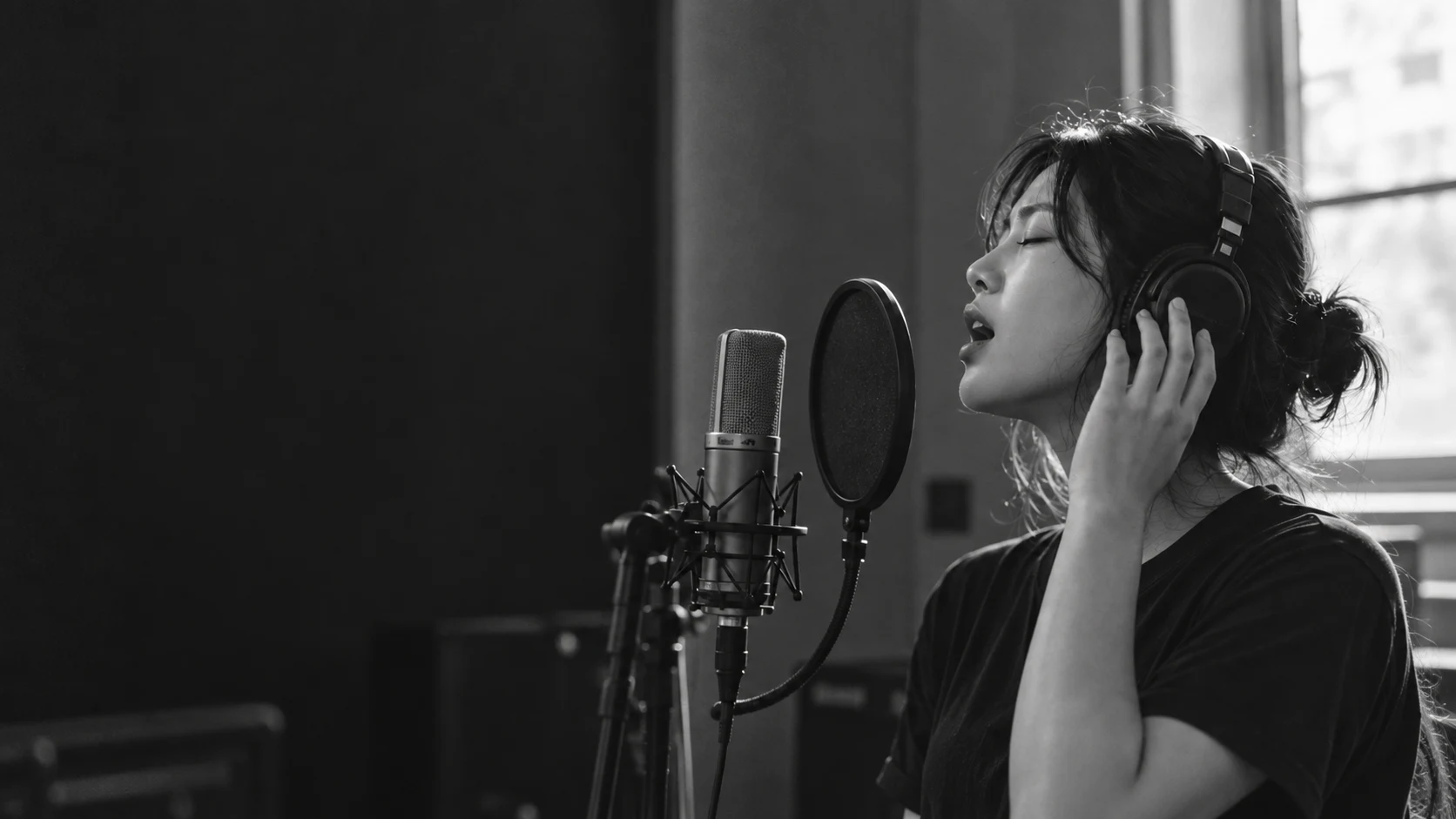 헤드폰을 쓰고 스튜디오 마이크 앞에서 노래하는 보컬리스트